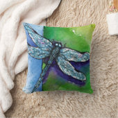 トンボ青い緑の水の色のアート絵画ズ クッション (ブランケット)