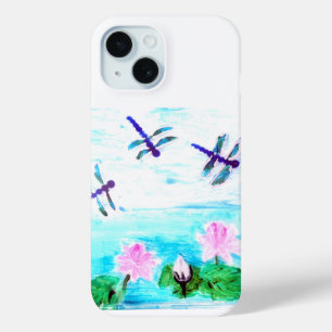 トンボ、《植物》スイレン花絵画池 iPhone 15ケース