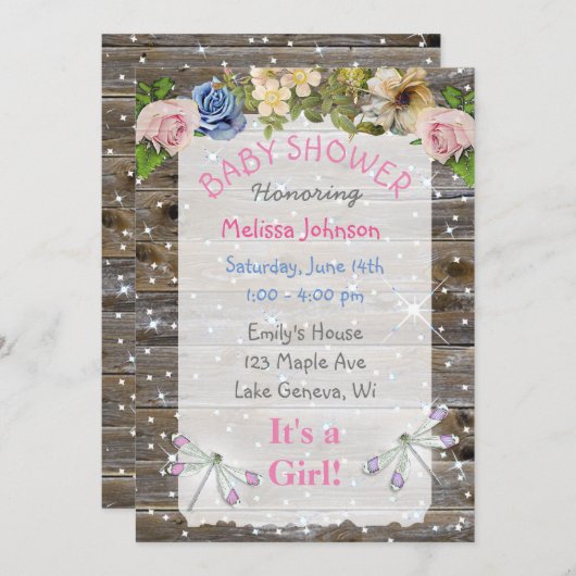 トンボ、花とキラキラ赤ちゃんシャワー 招待状 (正面/裏面)