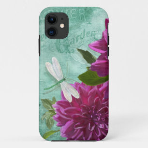 トンボwの紫色のディナー用大皿のダリアの花 iPhone 11 ケース