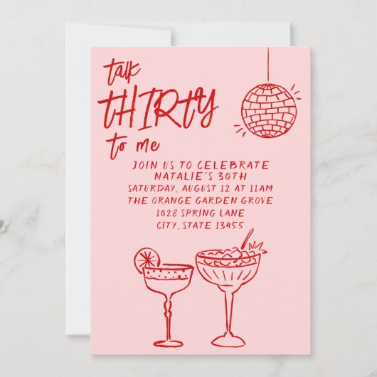トークサーティレッドピンク30th描フォトおもしろい誕生日 招待状 (正面)