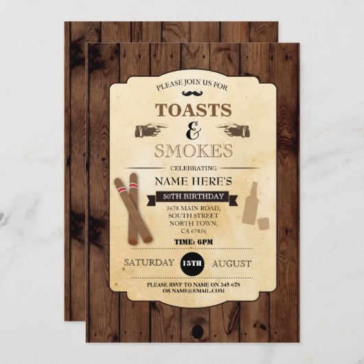 トーストは及び木製の誕生会第50の招待を煙らします 招待状 (正面/裏面)