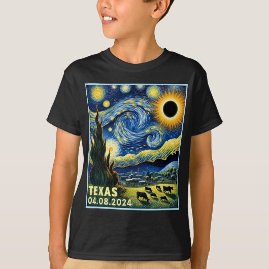 トータル太陽のEclipse 2024ヴァンゴッホ星空の夜のスティ Tシャツ (正面)