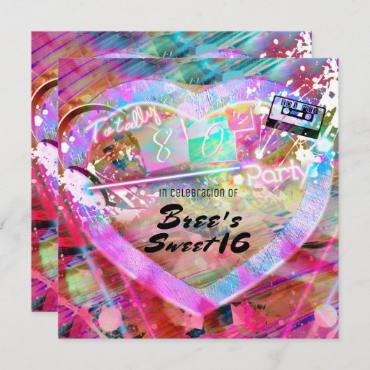 トータル80ズブライトおもしろいハートパーティの招待状 招待状 (正面/裏面)