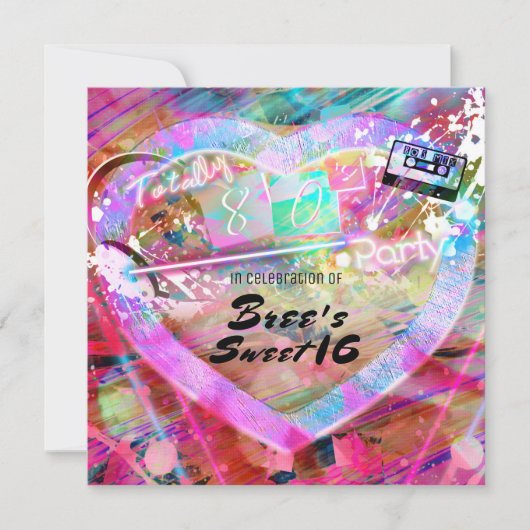 トータル80ズブライトおもしろいハートパーティの招待状 招待状 (正面)