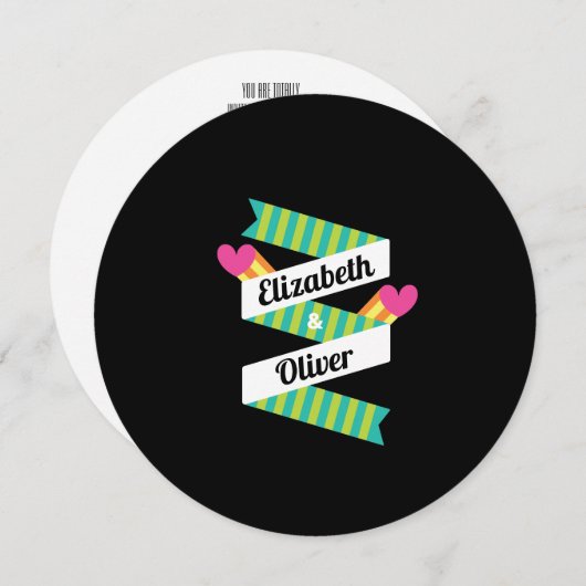 トータル80年代ピンクハートとグリーンストライプ結婚 招待状 (正面/裏面)