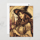 トーチを保持する若い魔女、ヴィンテージハロウィーン ポストカード (正面/裏面)