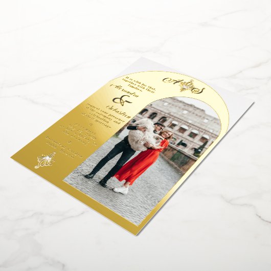 トーチクレスト、金ゴールドシルバーアーチフォトラグジュアリー結婚ズ 箔招待状 (回転した状態)