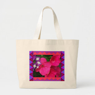 トートバック:: 芸術的なボーダーとのピンクのImpatiens ラージトートバッグ