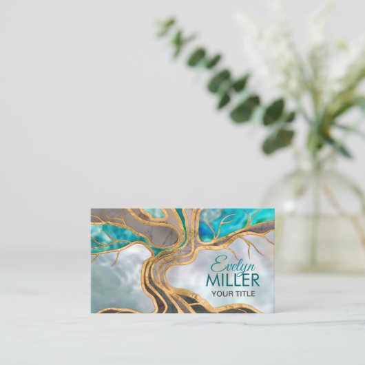 トープとティール（緑がかった色）大理石の生命の木 名刺 (スタンド正面)