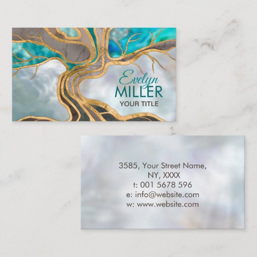 トープとティール（緑がかった色）大理石の生命の木 名刺 (正面/裏面)