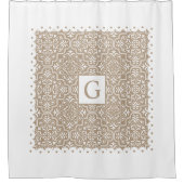 トープ・ダマスク、白い鱗状の縁ど、モノグラム シャワーカーテン (正面)