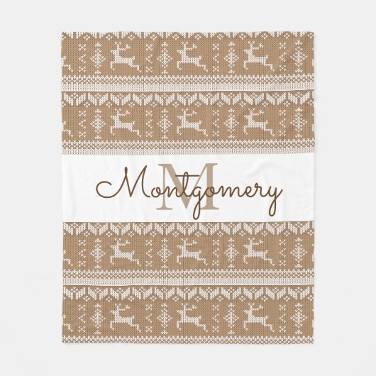 トープ&ホワイトトナカイ北欧セーターの模様 フリースブランケット (正面)