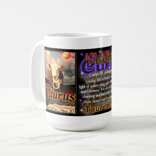 トーラスのジェミニ先端の(占星術の)十二宮図の白い旅行 コーヒーマグカップ (正面左)