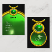 トーラス金ゴールド〔占星術の〕十二宮図ジュエルグリーンエメラルドモノグラム 名刺 (正面/裏面)