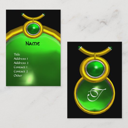トーラス金ゴールド〔占星術の〕十二宮図ジュエルグリーンエメラルドモノグラム 名刺 (正面/裏面)