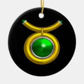 トーラス〔占星術の〕十二宮図誕生日ジュエルグリーンエメラルド金ゴールド セラミックオーナメント (正面)