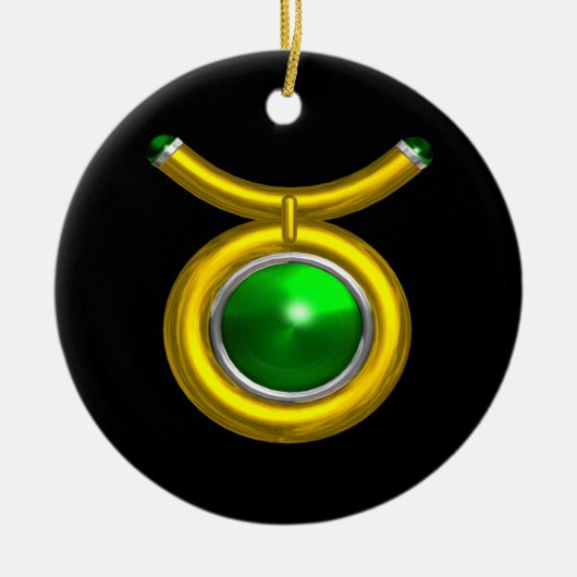 トーラス〔占星術の〕十二宮図誕生日ジュエルグリーンエメラルド金ゴールド セラミックオーナメント (正面)