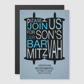 トーラモダンバー（ユダヤ教の）バル・ミツバーセーブザデートグレイブルー マグネット招待状 (正面/裏面)
