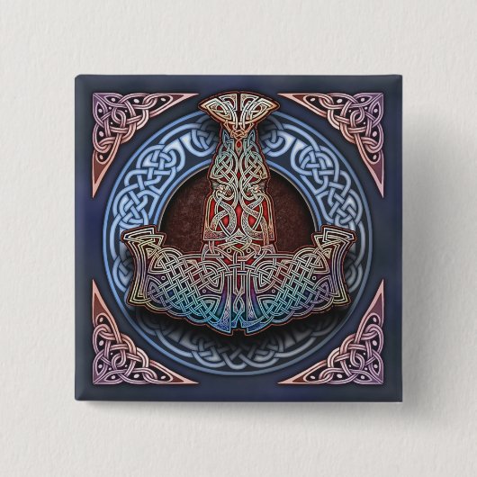 トールのハンマーの正方形ボタン 缶バッジ (正面)