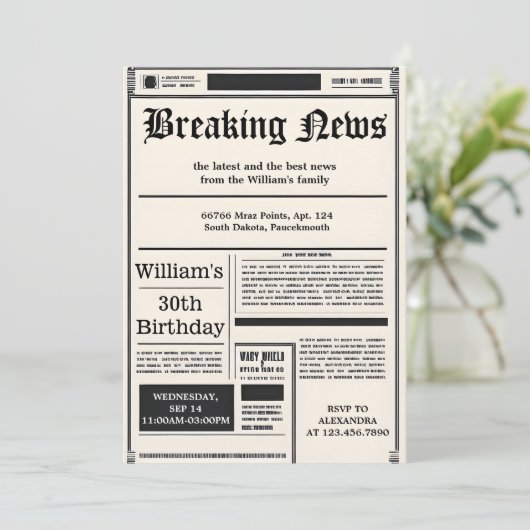 トーンシックレトロメンズ大人新聞30歳の誕生日 招待状 (スタンド正面)