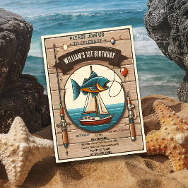 トーンボートかわいい男の子フィッシュ通常1日の誕生日 招待状