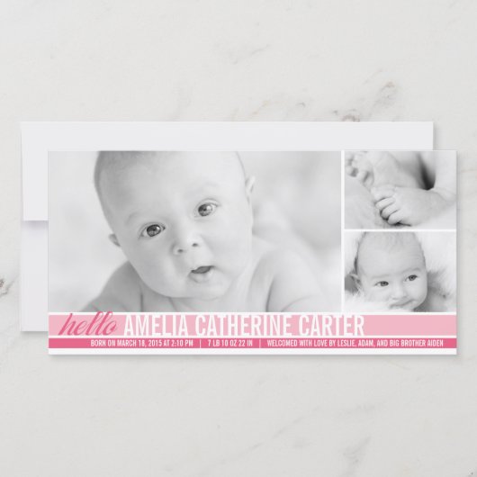 トーンモダンベビーガール誕生発表 案内状 (正面)