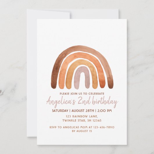 トーン自然ウォーターカラー虹の2nd誕生日 招待状 (正面)