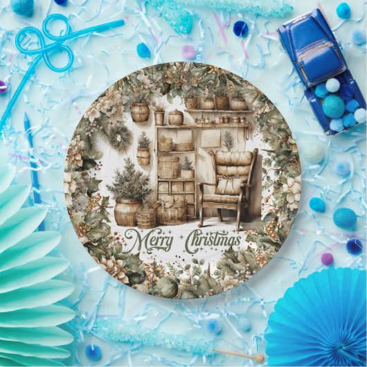 トーン自然グリーン金ゴールド居心地の良いクリスマスインテリア ペーパープレート (パーティー)