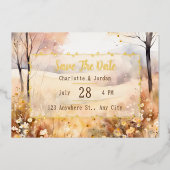 トーン自然素朴な開花秋の日付を保存 箔招待状 (正面)