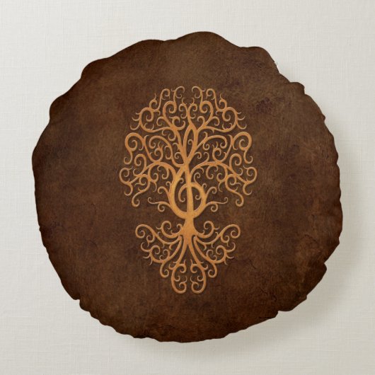 ト音記号の木のブラウンの音楽的な石 ラウンドクッション (裏面)