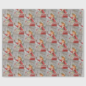 ドアにプレゼントを持つヴィンテージのクリスマスガール ラッピングペーパー (フラット)