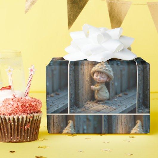 ドアのそばに立つシャイなマンチキン ラッピングペーパー (誕生日パーティー)