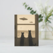 ドアのところにいる2匹の猫とUFO ポストカード (スタンド正面)