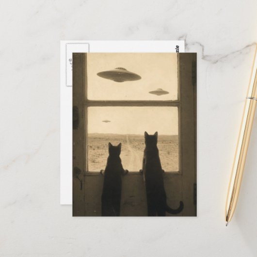 ドアのところにいる2匹の猫とUFO ポストカード (正面/裏面インサイチュ)