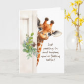 ドアの周りをのぞく幸せなキリン カード (黄色い花)