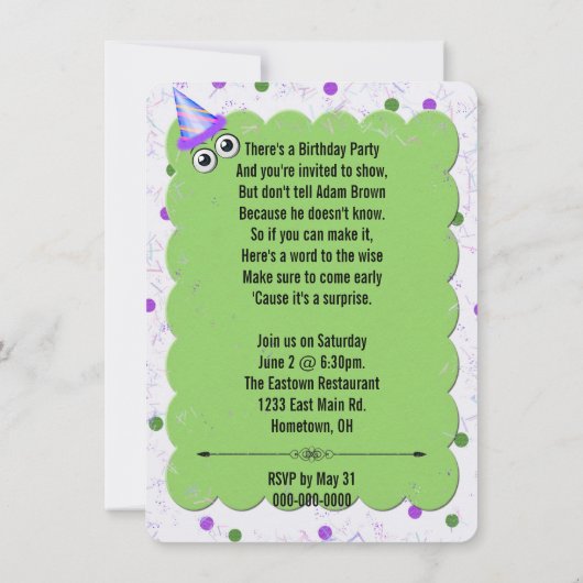 ドアの後ろのサプライズ誕生日パーティー 招待状 (裏面)