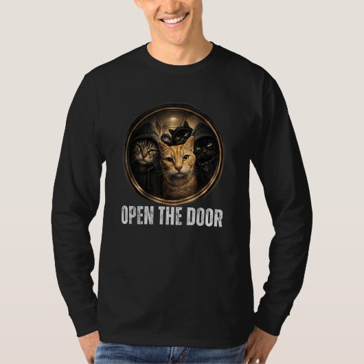 ドアを開けろ 面白い猫ミーム 猫ギャング ユーモア デザイン Tシャツ (正面)
