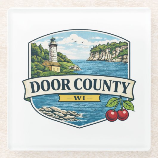ドアカウンティー、ウィスコンシン州の灯台とミシガン湖のマグネット ガラスコースター (正面)