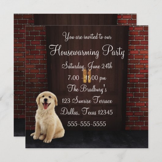 ドアドッグブリックウォール引っ越し祝いパーティーパーティー 招待状 (正面/裏面)