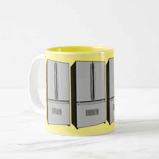 ドアフランスの冷蔵庫の漫画イラストレーション ツートーンマグカップ (正面左)