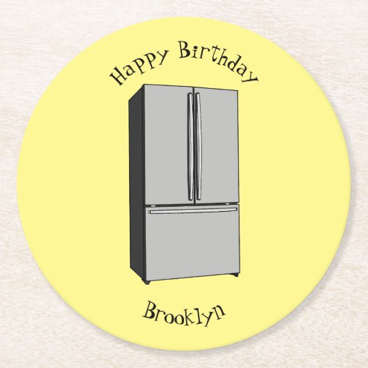 ドアフランスの冷蔵庫の漫画イラストレーション ラウンドペーパーコースター (正面)