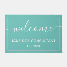 ドアマット - 個人名入り ウェルカム ライト ティール + ホワイト