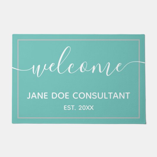 ドアマット - 個人名入り ウェルカム ライト ティール + ホワイト (正面)