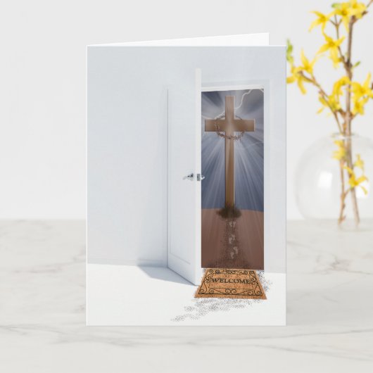 ドア付きの丘を横切るイースター カード (黄色い花)