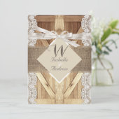 ドア素朴ーズ結婚ベージュホワイトレースウッドラップ 招待状 (スタンド正面)