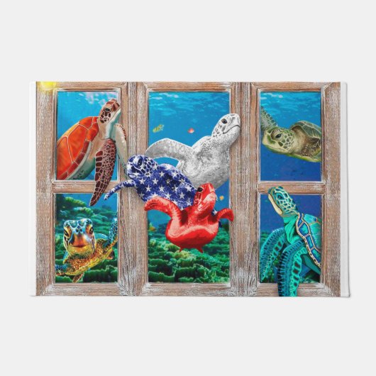 ドア装飾アイディアに泳ぐウミガメ ドアマット (正面)