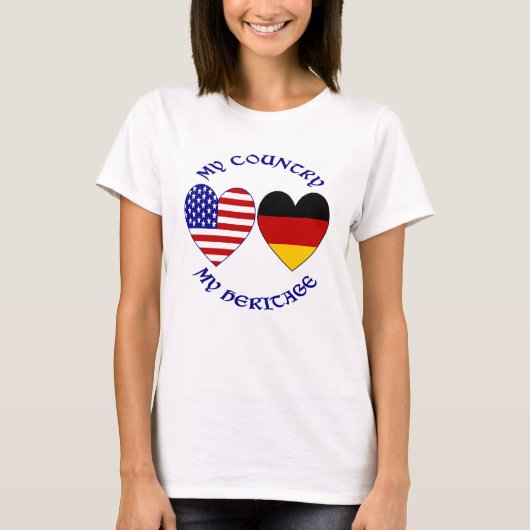 ドイツとアメリカの国旗のハート 国の遺産 レディース Tシャツ (正面)