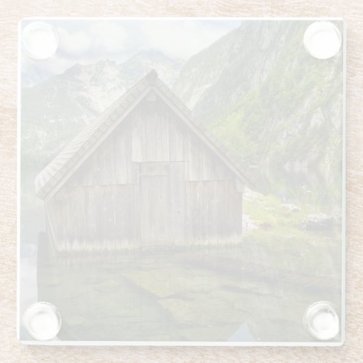 ドイツのアルプスにあるオバーゼー湖のボートハウス ガラスコースター (裏面)