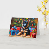 ドイツのシェパードとクリスマスツリーとプレゼント カード (黄色い花)